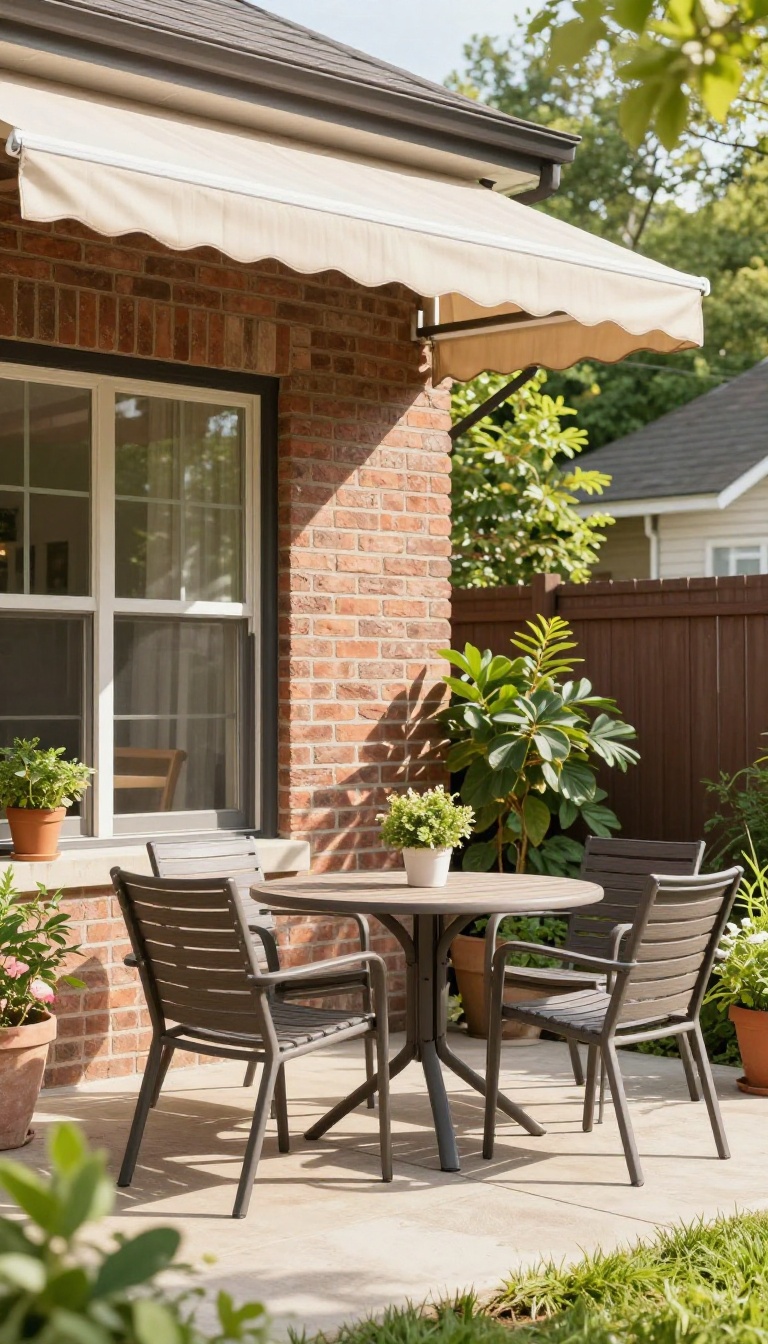 Retractable awning extended over a small townhome patio dining area for afternoon sun control