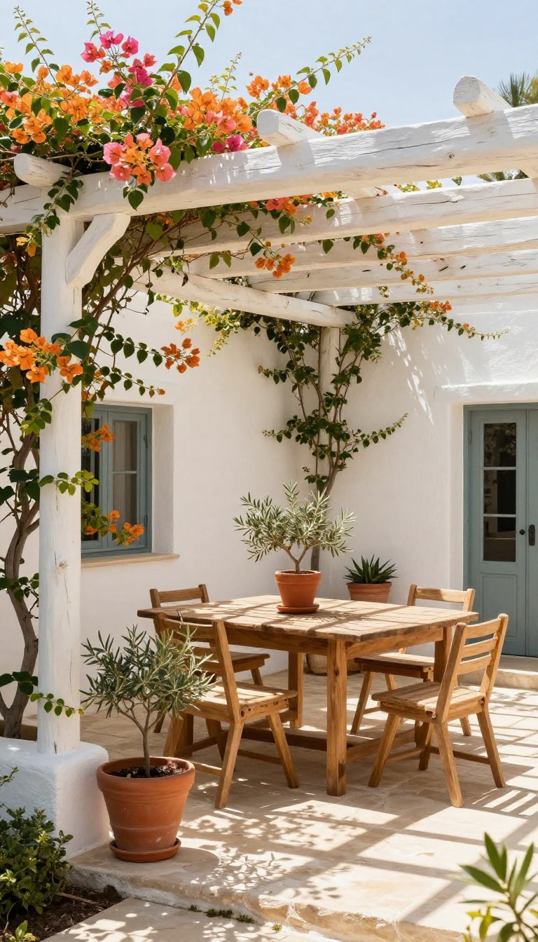 Whitewashed Mediterranean pergola with climbing vines casting dappled shade over an outdoor dining table in a sunlit backyard