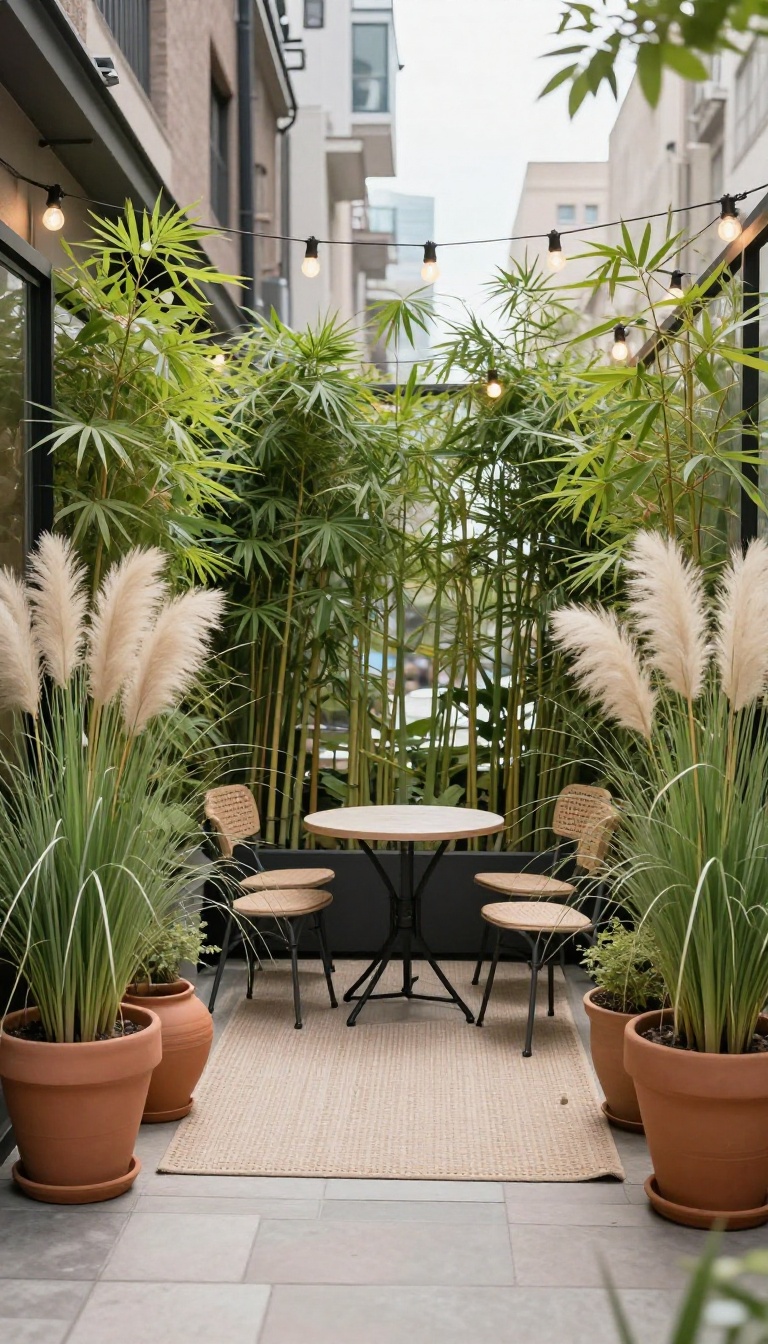 Small patio with a privacy screen of tall potted bamboo and grasses, creating a natural retreat.