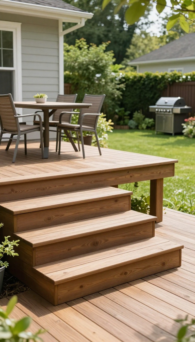 Low two-tier wooden backyard deck with a dining area on the upper level and lounge seating on the lower level, surrounded by green lawn in bright natural light