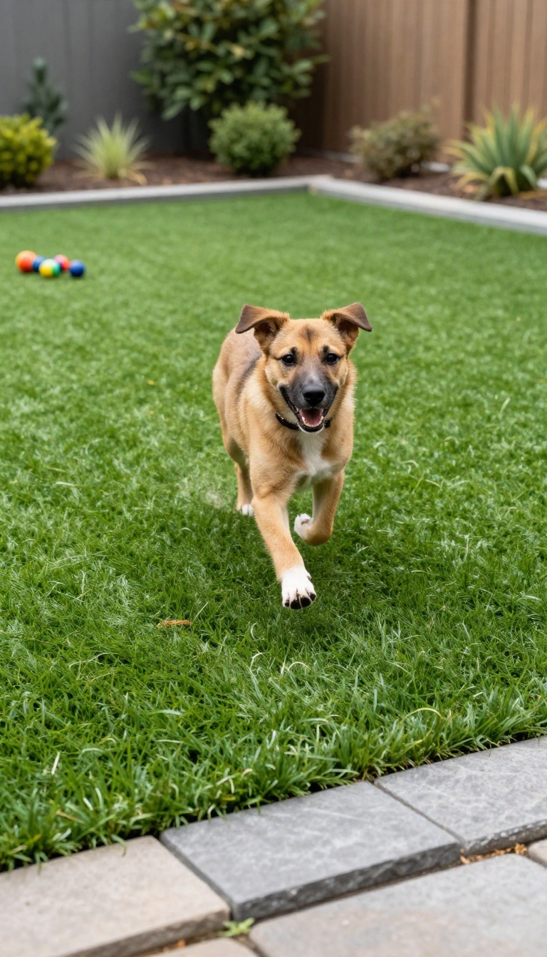 Dog running across clean artificial pet turf in a bright backyard with a paver border