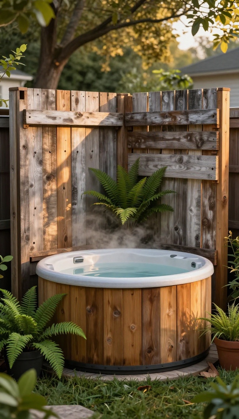 Small backyard hot tub tucked behind a rustic privacy screen made of reclaimed weathered wood planks with greenery and soft steam