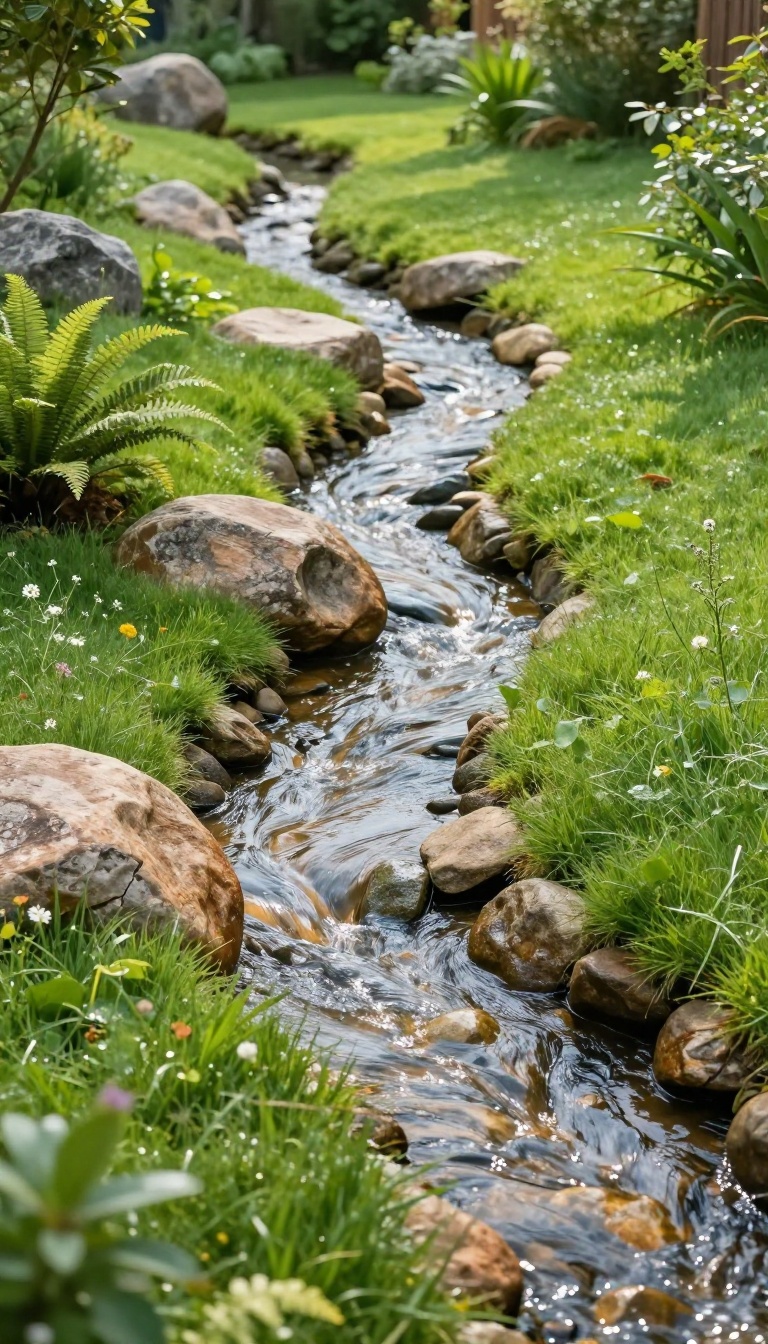 Dry creek bed made of river rocks and boulders winding through a green backyard garden