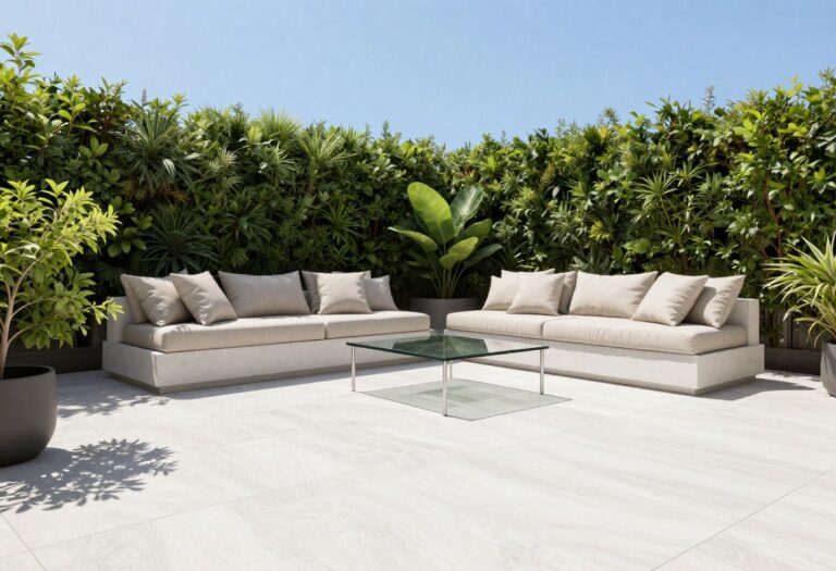 Modern patio with porcelain paver flooring and outdoor furniture
