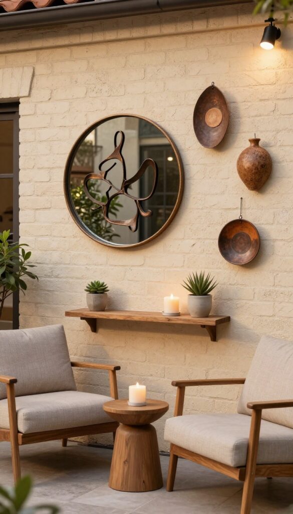 Outdoor art display or gallery wall in a patio corner with a mirror, metal sculptures, and a cozy seating area.