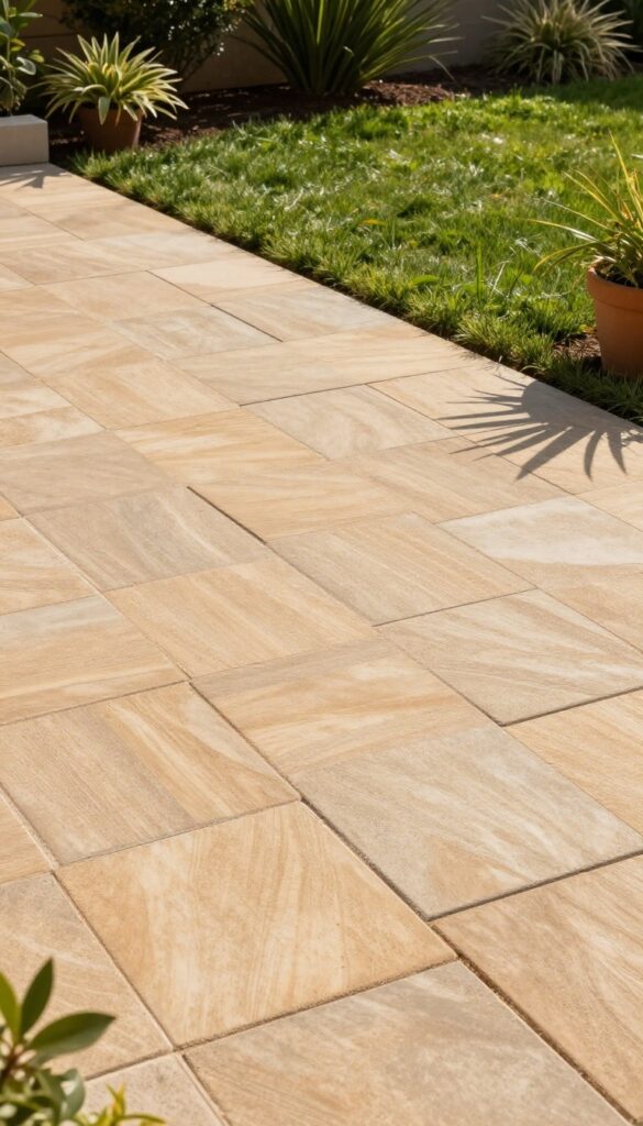 Herringbone paver patio with rectangular concrete pavers in a zigzag pattern, surrounded by green grass and plants, in bright natural light.