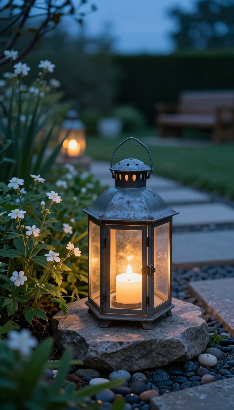 A small glowing lantern with a candle resting on a stepping stone in a peaceful backyard garden at dusk
