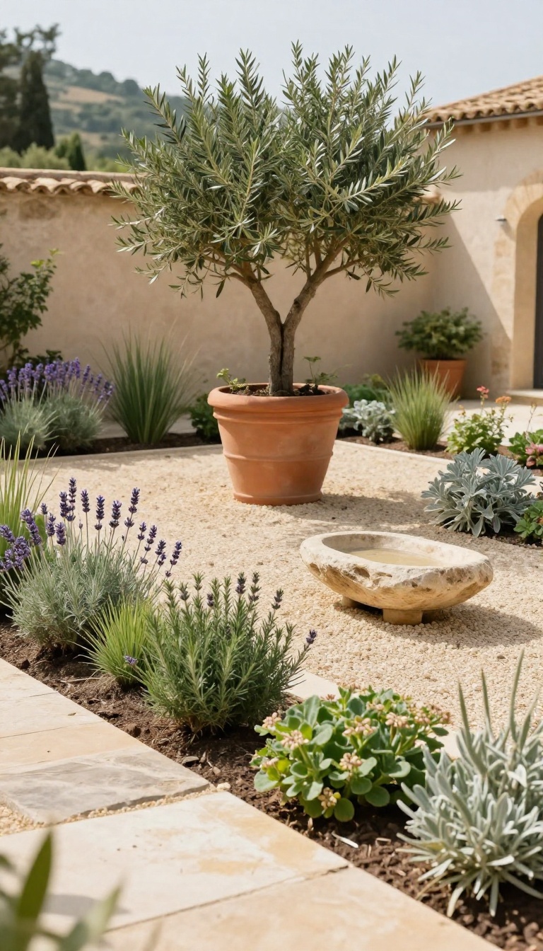 Mediterranean backyard with drought-tolerant gravel planting, lavender, rosemary, ornamental grasses, and a potted olive tree in warm sunlight