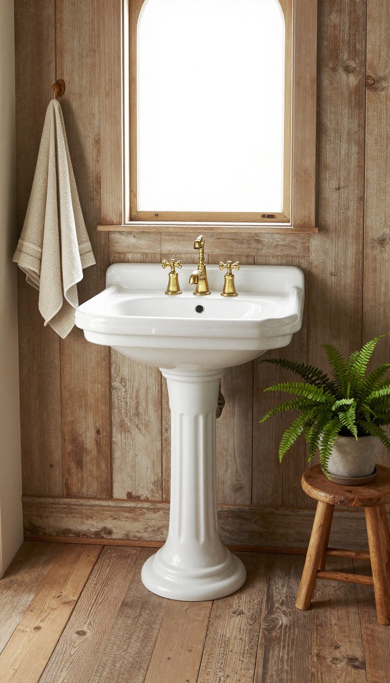 Vintage white pedestal sink with a fluted column base in a rustic bathroom with reclaimed wood walls and bright natural light