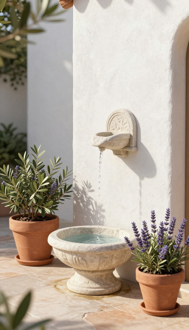Small wall-mounted stone water spout dripping into a carved basin on a sunlit Mediterranean stucco patio with terracotta pots and olive branches