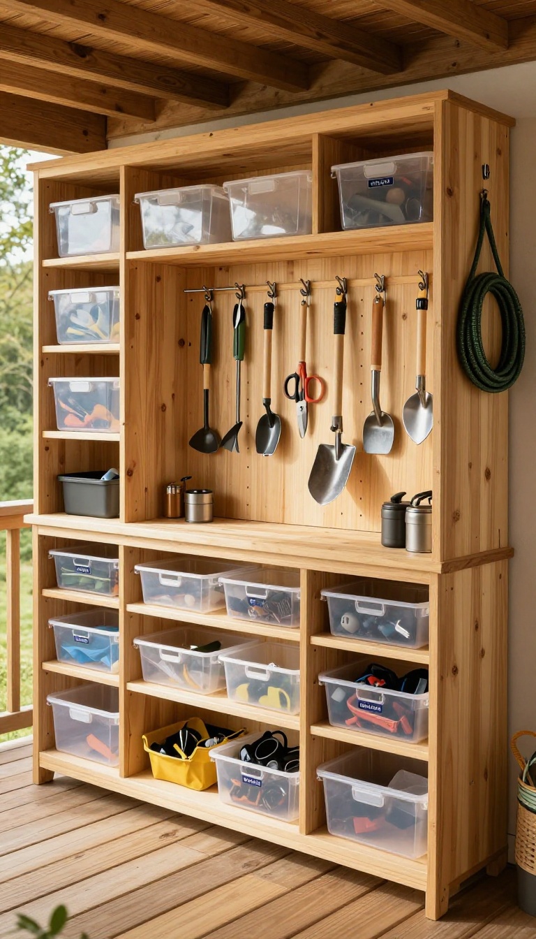 Under-deck storage and utility hub with shelves, hooks, and a workbench