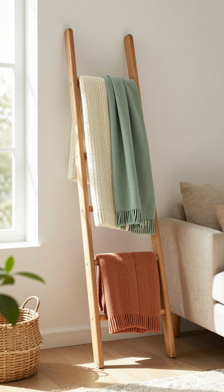 Wooden decorative ladder leaning against a bright living room wall with folded knit and cotton throws draped over the rungs and a small basket on the floor below