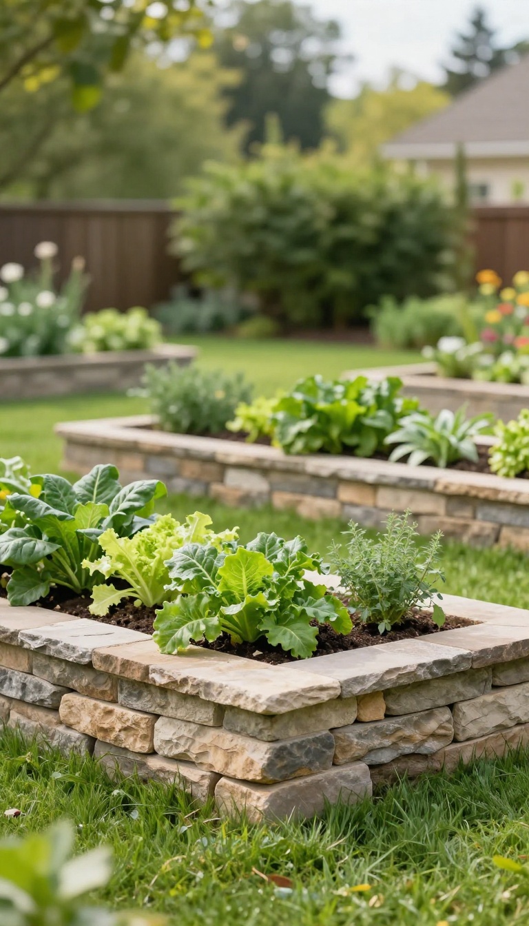 Raised garden planter beds with stone veneer facing filled with vegetables in a sunny backyard