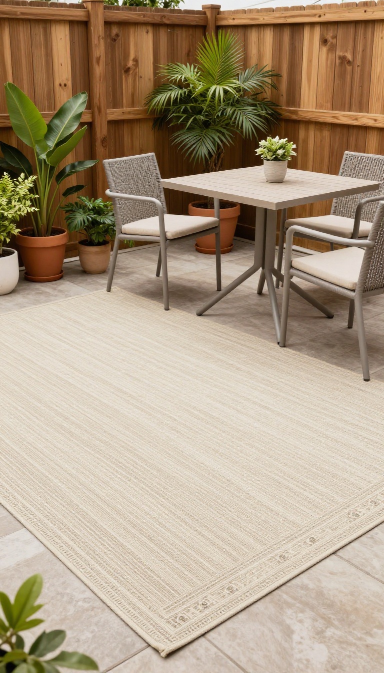 Small patio with two outdoor rugs defining separate seating and dining zones, surrounded by plants.