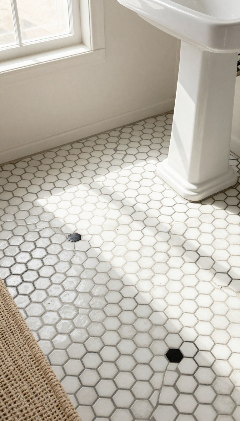 White hexagonal penny tile bathroom floor with black grout and a single black accent tile, bright natural light, retro mosaic pattern.