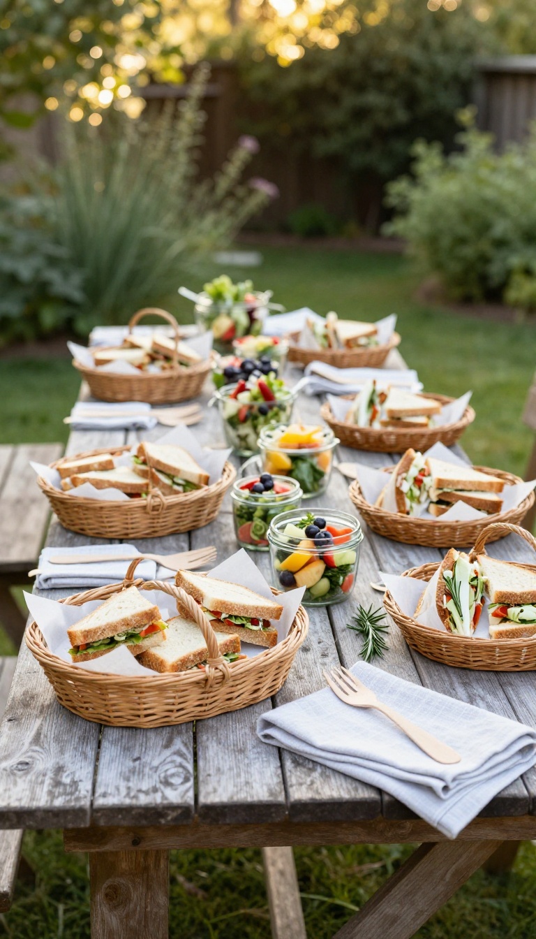 Row of individual wicker picnic baskets packed with wrapped meals, napkins, and fresh herbs on a wooden outdoor table in a sunny backyard