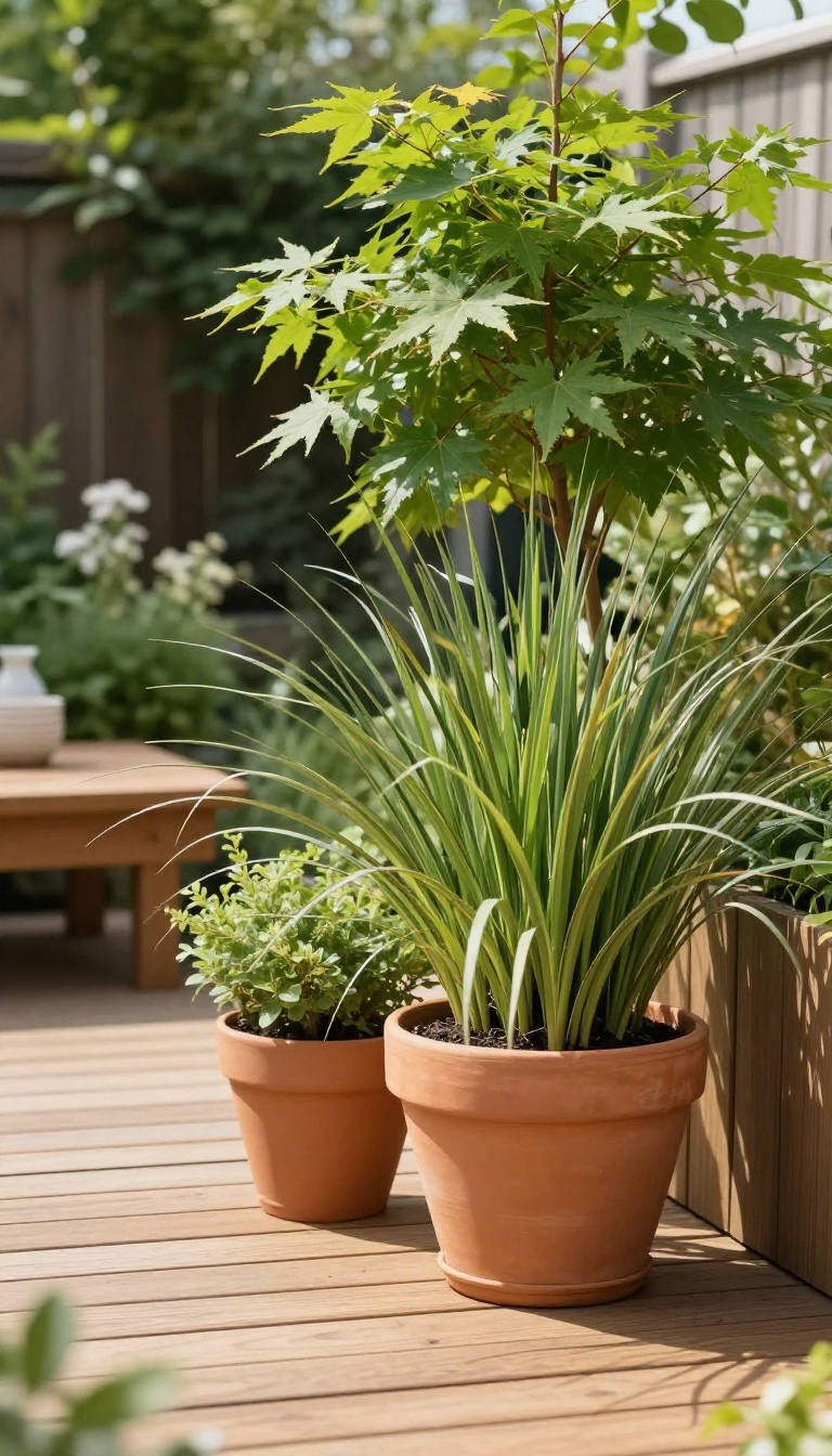 Oversized potted ornamental grass and slim Japanese maple in large planters on a bright small backyard patio