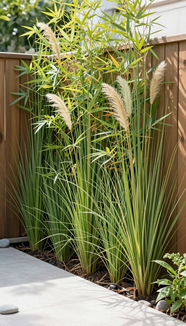 Slim living privacy screen of tall clumping bamboo and ornamental grasses in a narrow backyard bed