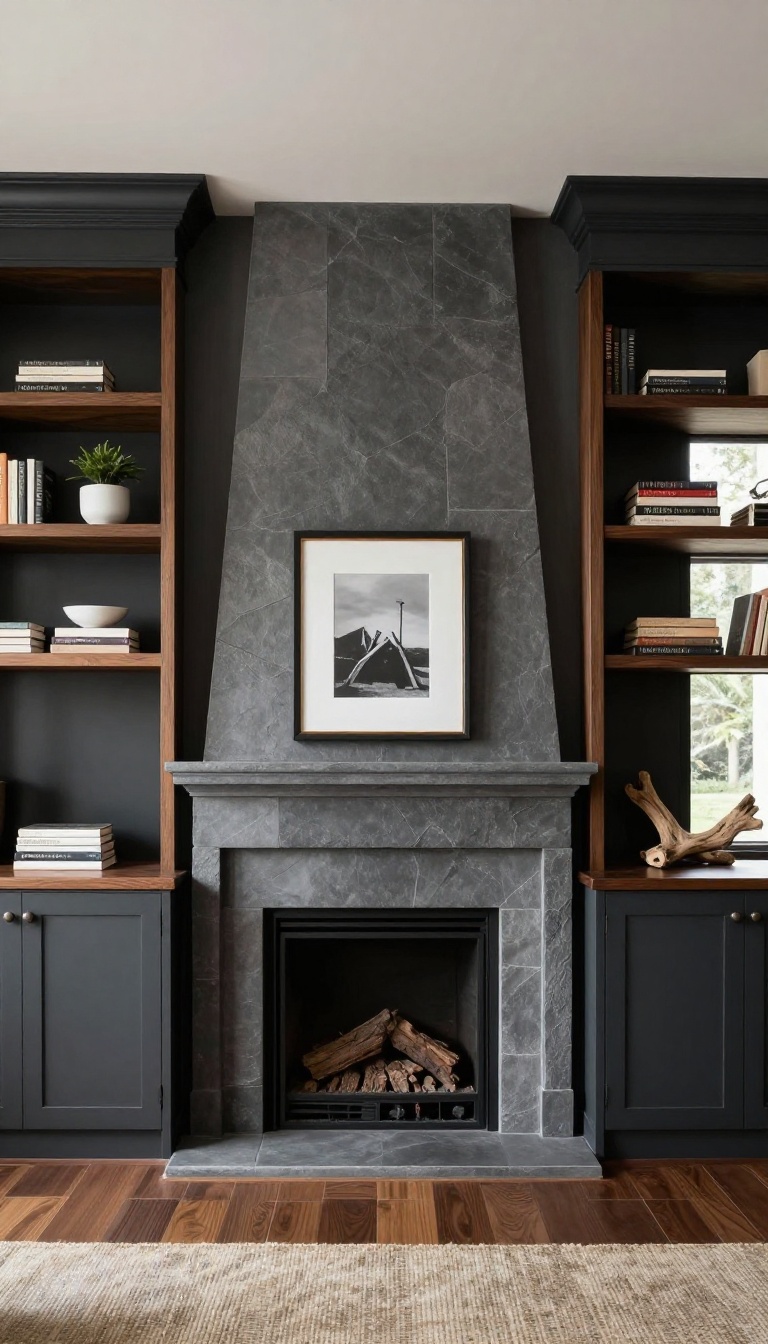 Masculine living room with floor-to-ceiling charcoal built-in shelves and cabinets styled with books, ceramics, and a plant in bright natural light