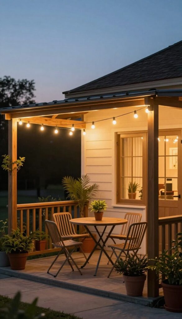 A cozy townhome patio at dusk with warm string lights draped overhead, creating a soft ambient glow.