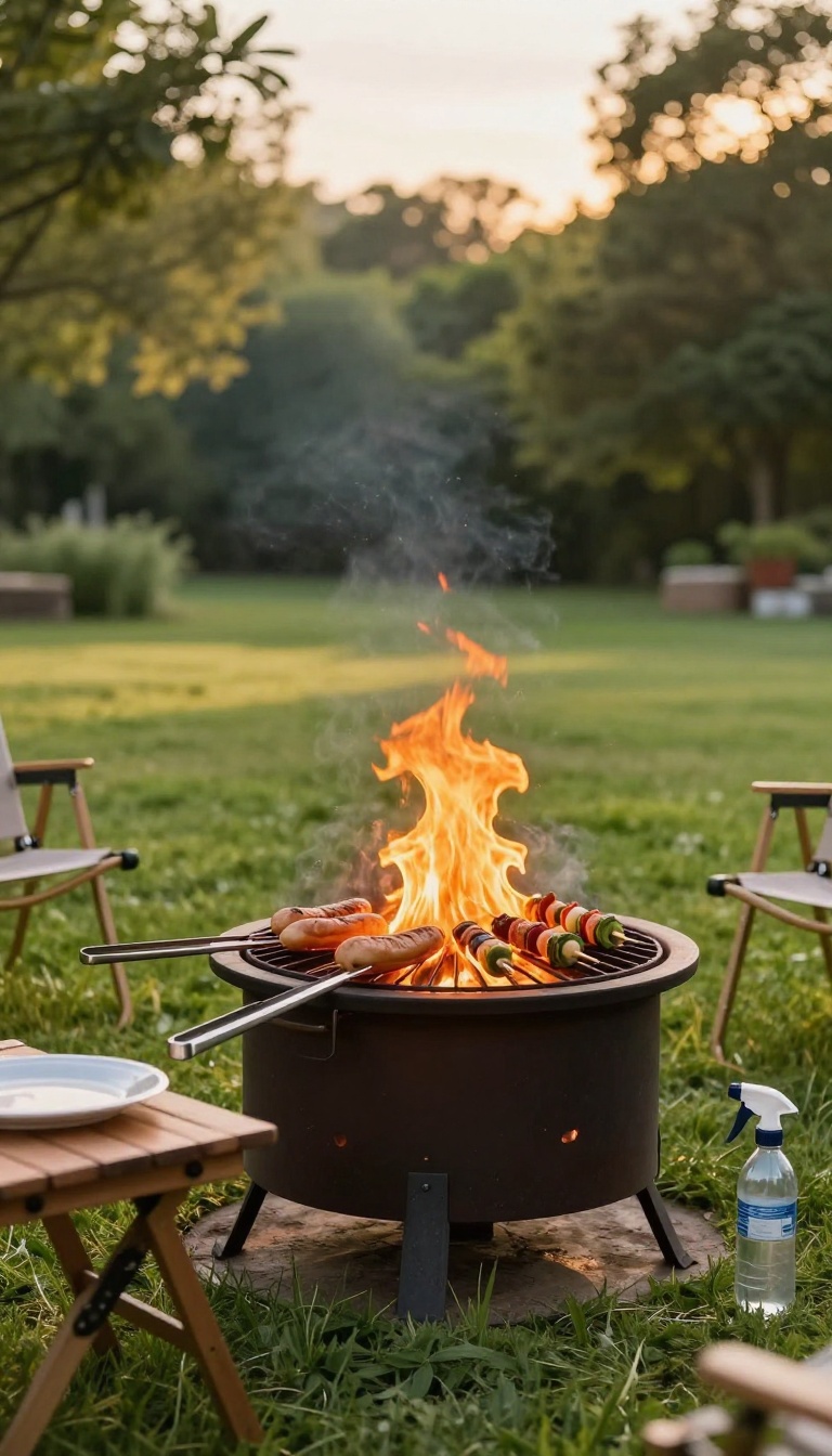 Backyard fire pit with a swing-away grill grate cooking hot dogs and skewers over bright flames at golden hour