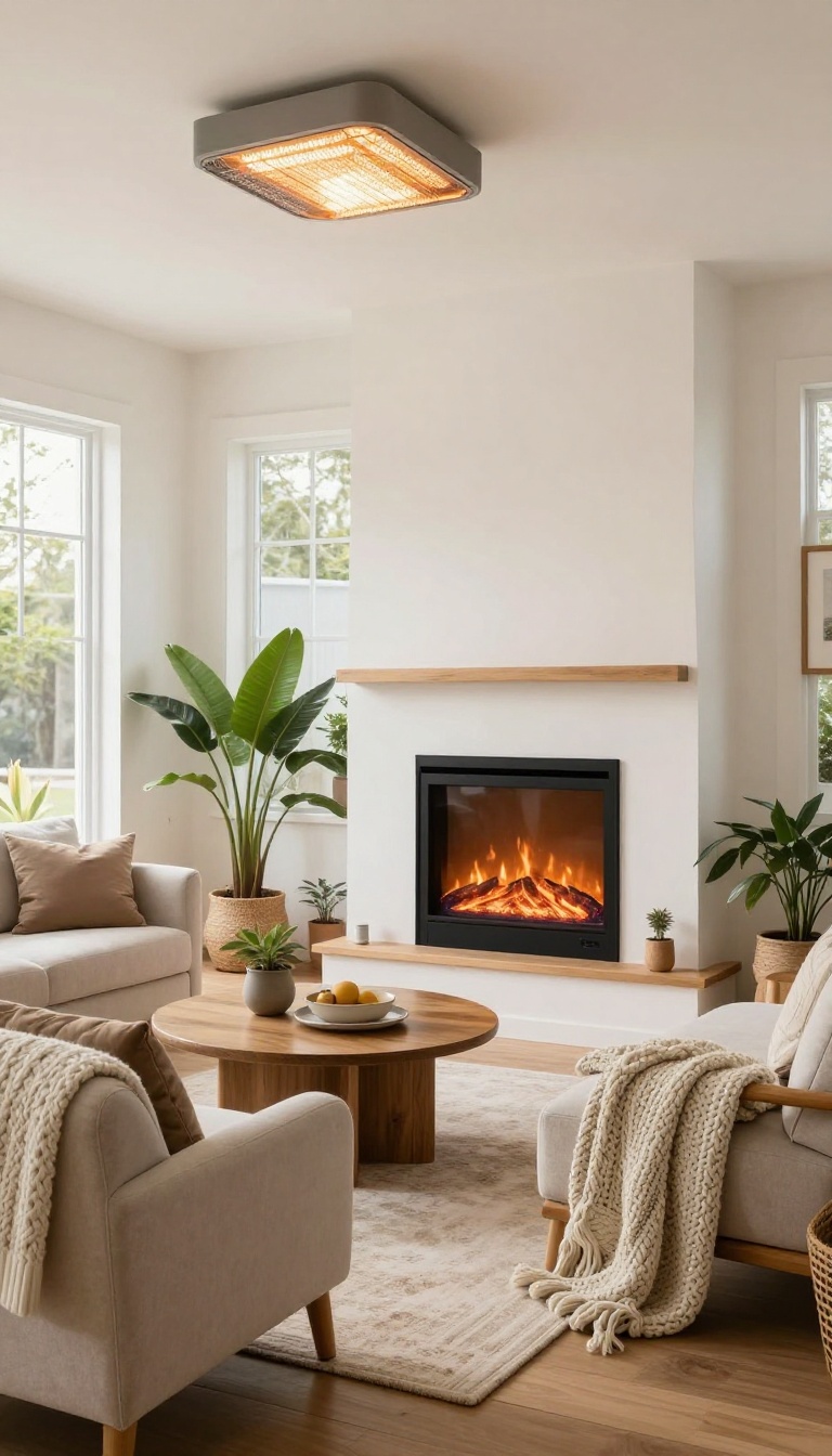 Cozy enclosed patio with layered heating including a ceiling heater and electric fireplace, styled with throws and seating.