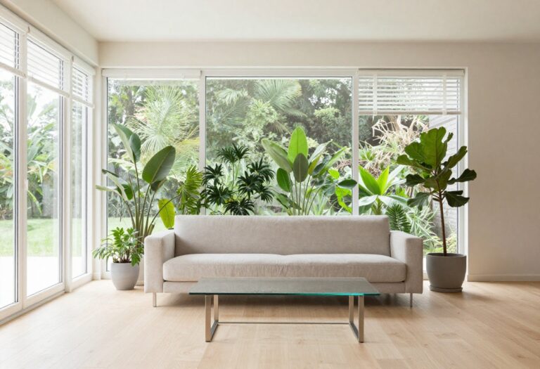 Modern living room with white wooden blinds on large windows