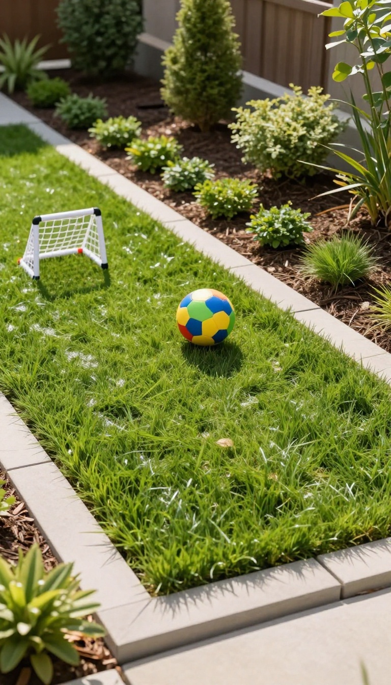 Backyard grass play area bordered by a single row of rectangular pavers with toys on the lawn