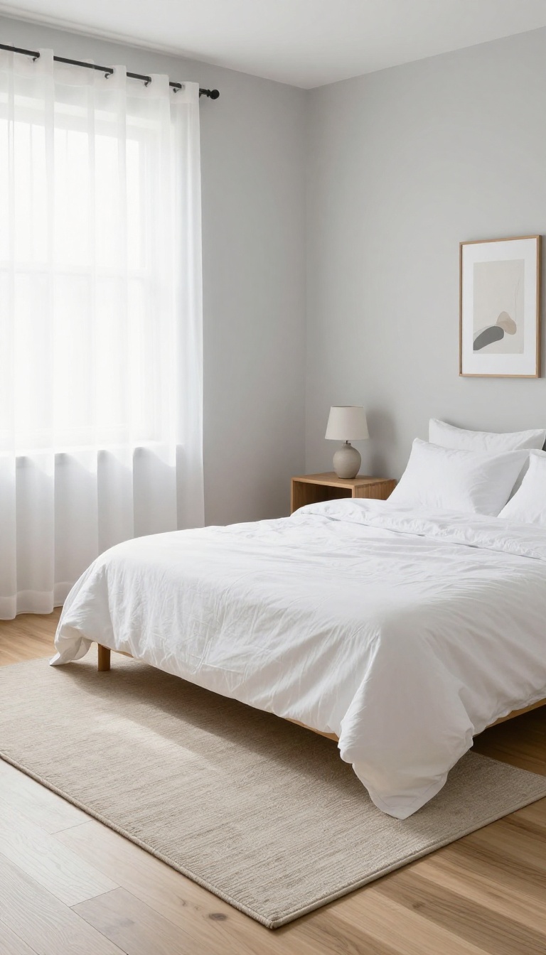 Minimalist small bedroom with a large neutral low-pile rug placed under the bed to define the space, bright natural light and clean styling
