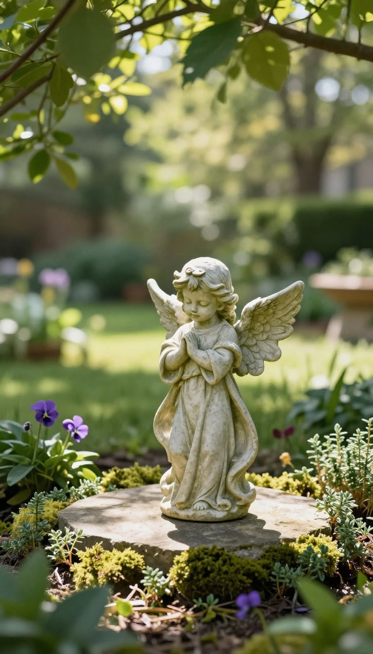 Small stone angel statue on a flat pedestal in a peaceful backyard memorial garden surrounded by soft greenery and flowers