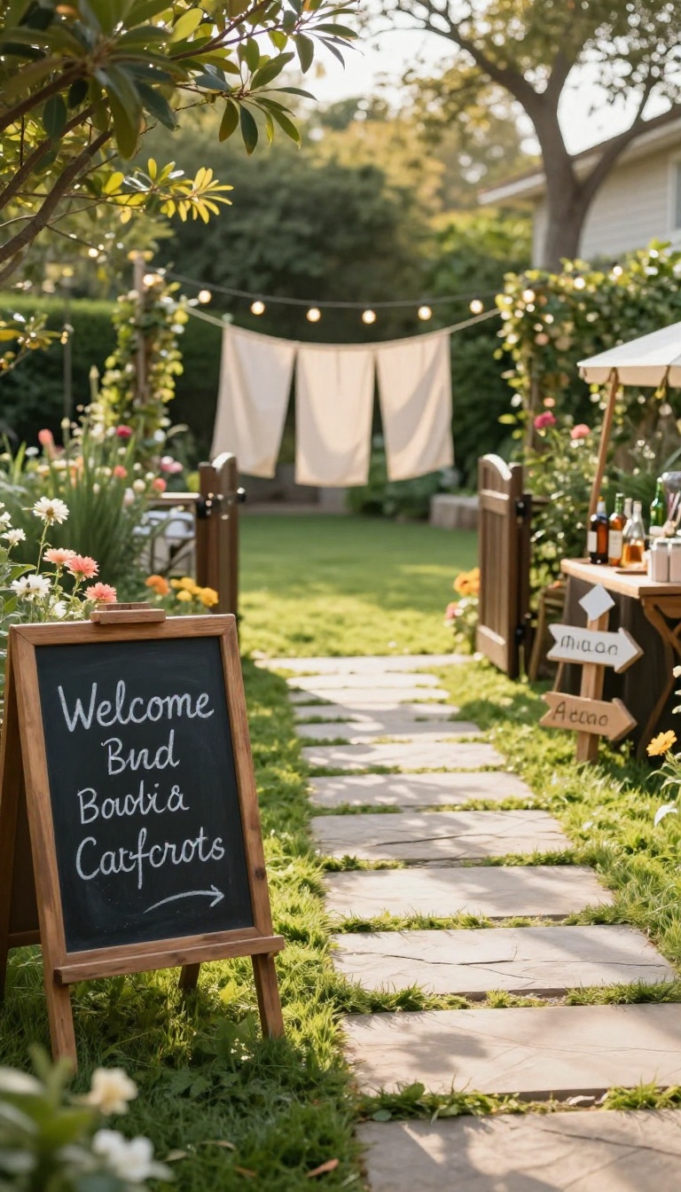 DIY welcome sign on an easel and directional arrow signs guiding guests through a backyard engagement party