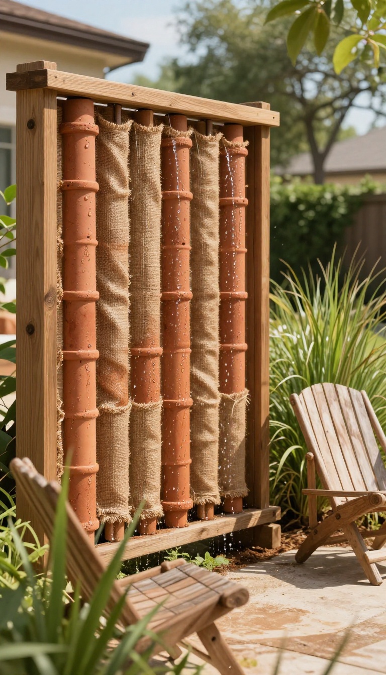 DIY evaporative cooling wall made of stacked terracotta pipes and wet burlap in a sunlit Texas backyard with a nearby seating area