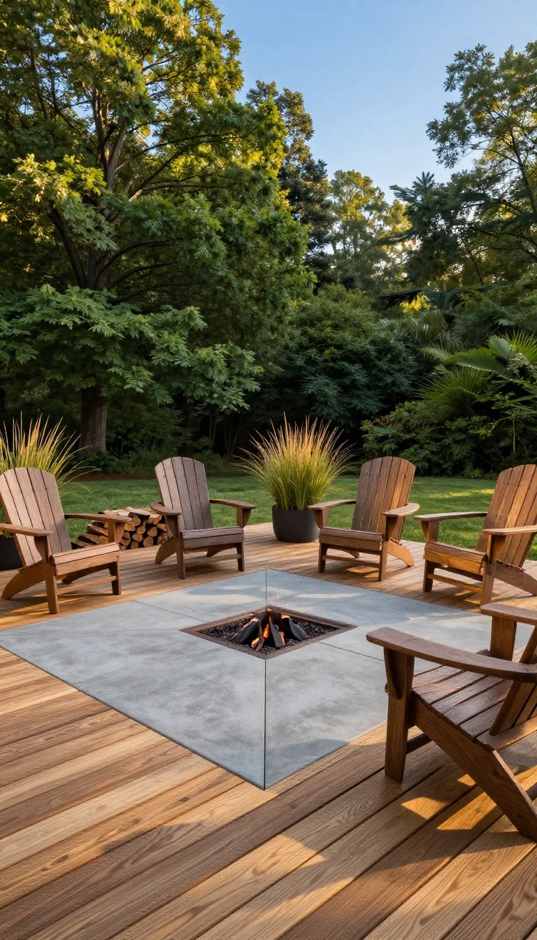 Backyard deck with a gas fire pit on a concrete paver base surrounded by chairs at golden hour