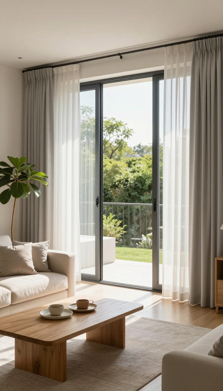 Modern living room with vertical blinds on sliding glass doors, softly filtering light
