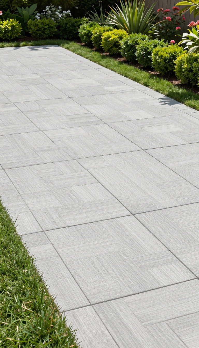 A stamped concrete patio with a basketweave pattern in warm gray, surrounded by green grass and soft landscaping in natural light.