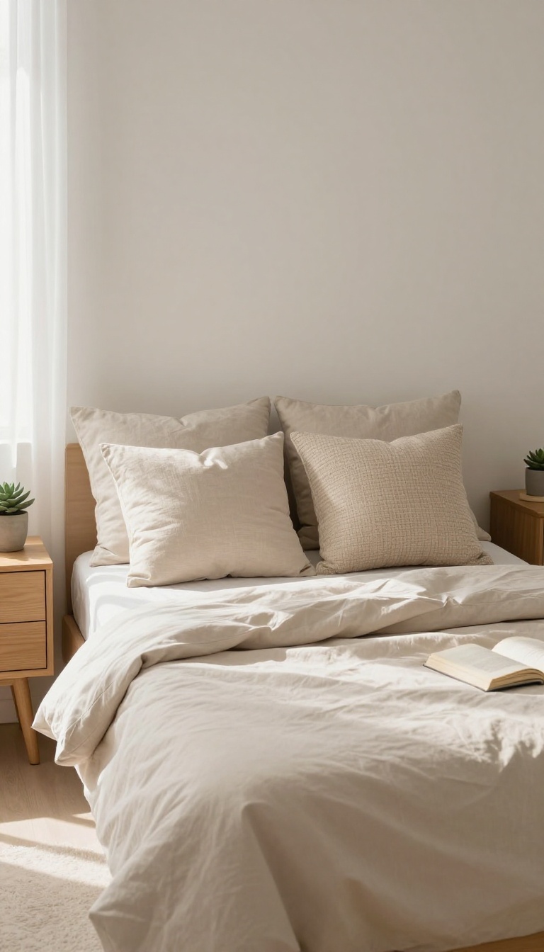 Small couple's bedroom with one coordinated neutral duvet cover and two separate personalized pillow setups on a neatly made bed in bright natural light