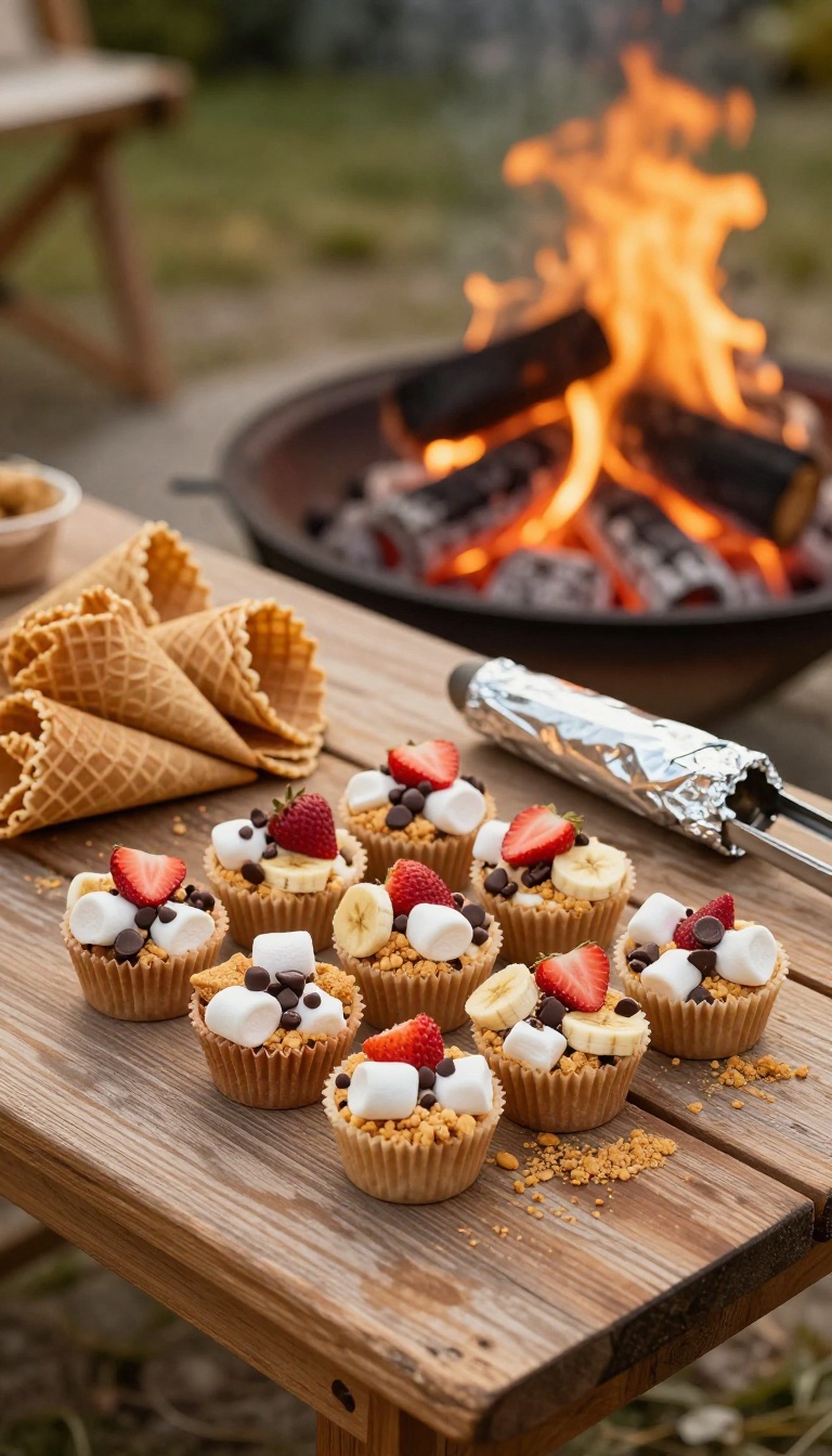 Backyard campfire dessert bar with waffle cones, fillings in a muffin tin, and a foil-wrapped cone roasting over hot coals at golden hour