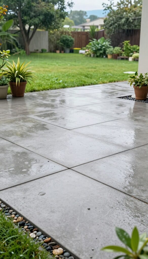 Modern permeable paver patio with pebble-filled gaps, surrounded by lush greenery, after a rain shower.