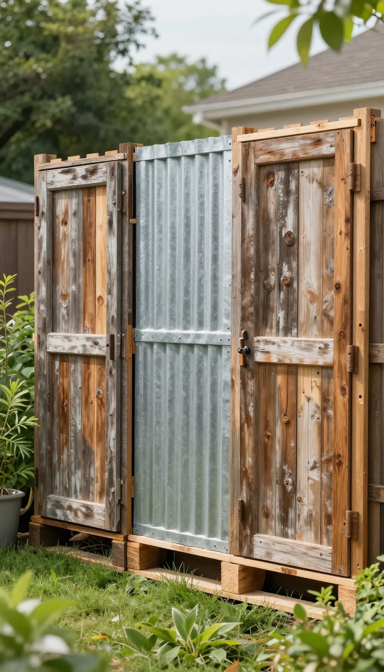 Reclaimed wood and corrugated metal privacy screen in a sunny backyard garden