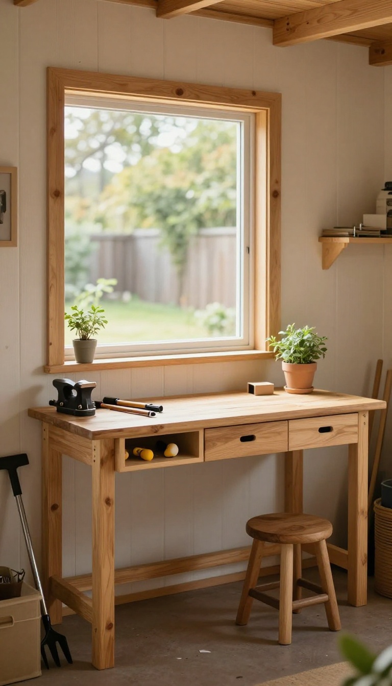 Compact wooden workbench with drawers and open cubbies for tool storage inside a bright backyard shed