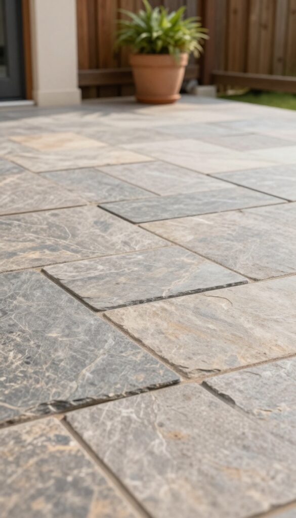 A patio floor covered in realistic stone-look peel-and-stick tiles arranged in a herringbone pattern, with natural light highlighting the texture and color variations.