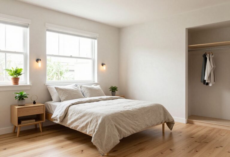 Cozy small couple's bedroom with shared style, floating nightstands, and warm lighting