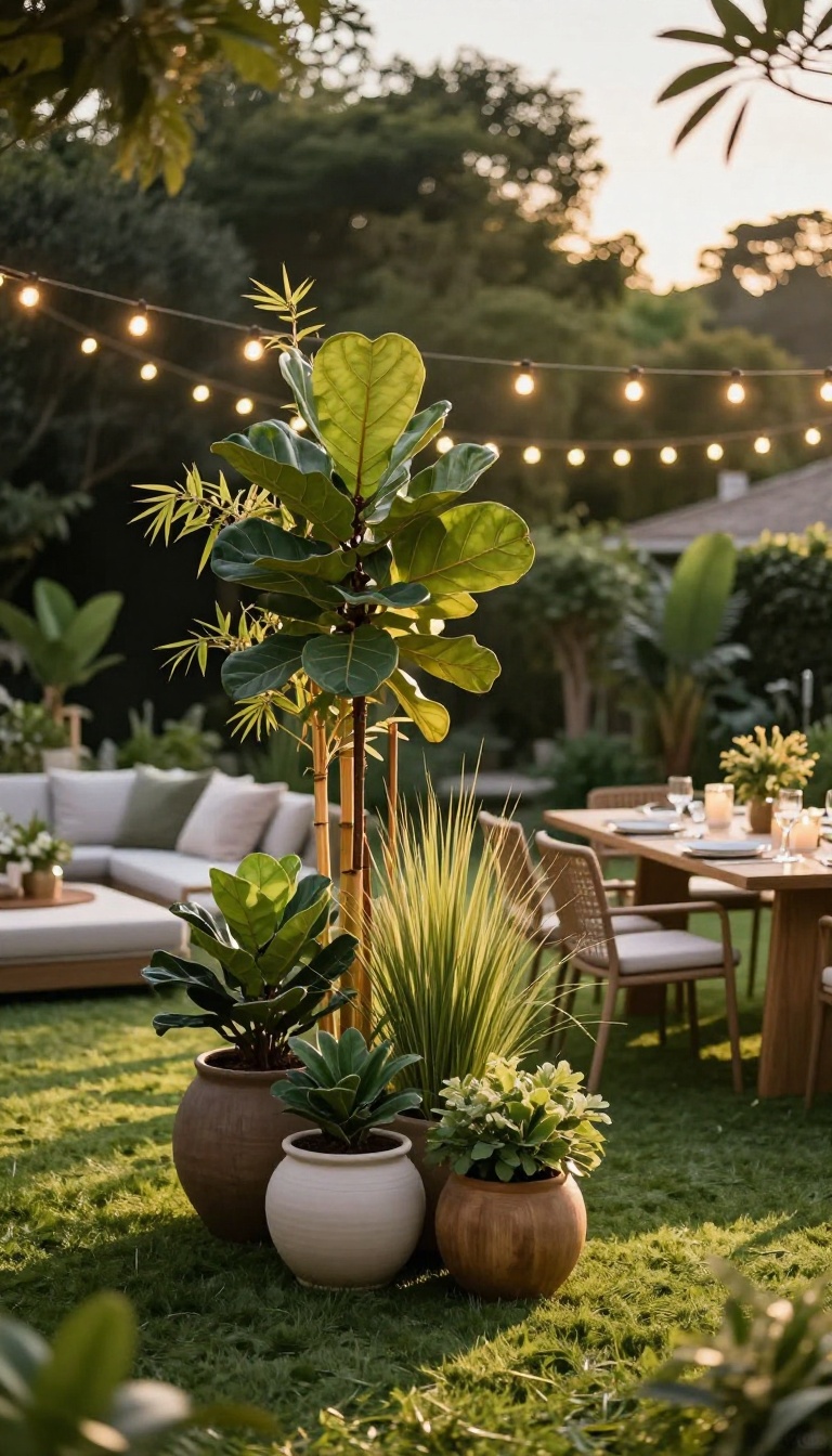 Tall potted plants dividing a stylish backyard party space into lounge and dining areas under warm string lights