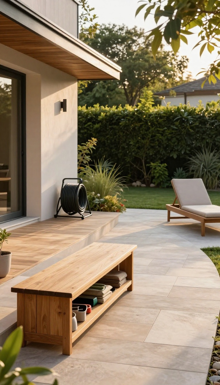 Backyard patio with a built-in bench hiding cushions and tools, a step drawer for small items, and a discreet low cabinet concealing a garden hose, showing smart storage planned into the design.