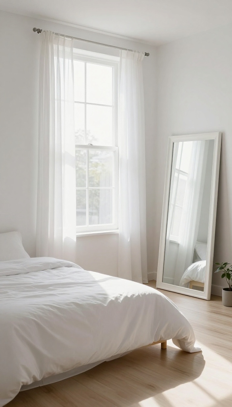 Small bright white bedroom with a large leaning floor mirror reflecting window light to make the space feel bigger and airier