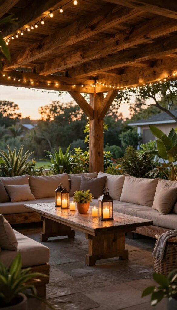 Covered patio at dusk with warm string lights, lanterns, and candles creating a cozy ambiance.