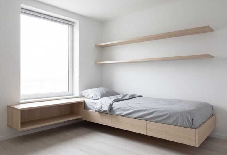 Small bedroom with large mirror, floating shelves, and light colors