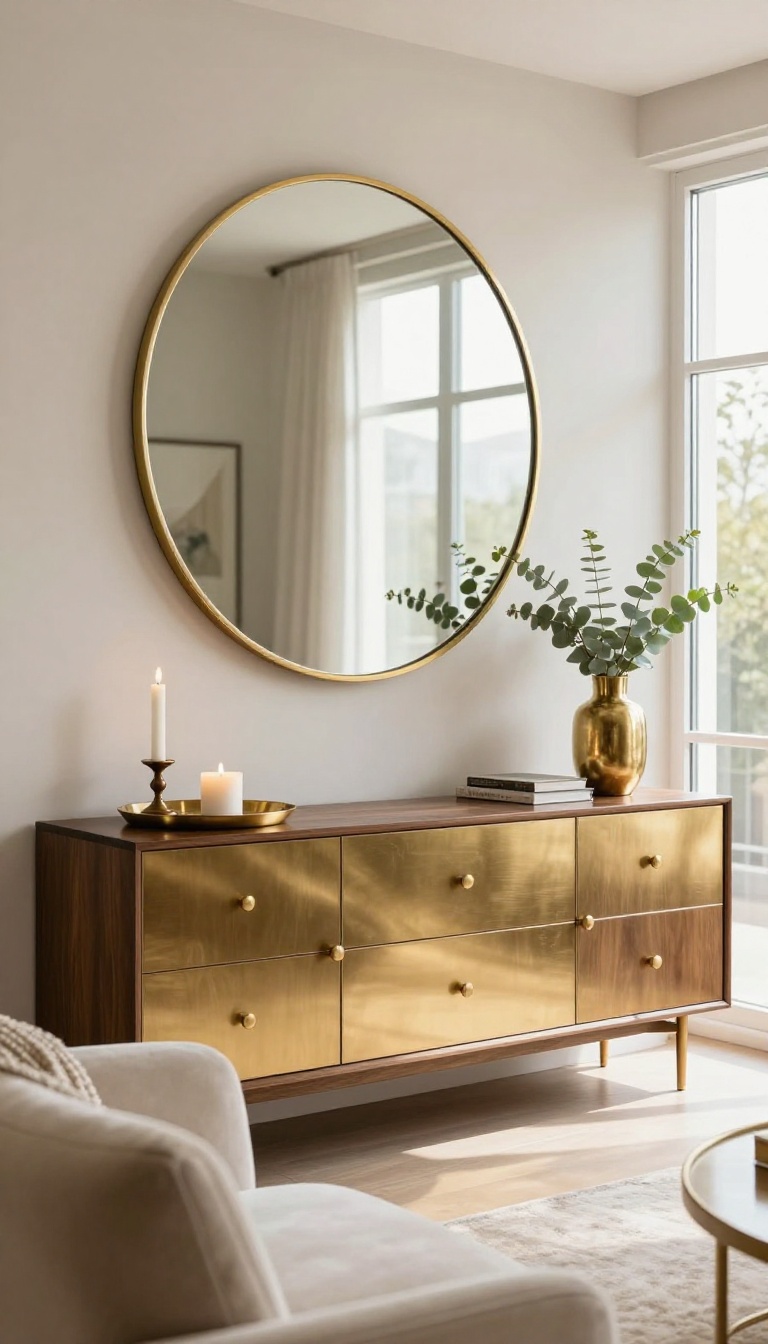 Luxury living room corner with a thin gold-framed mirror, brass cabinet hardware, and metallic decor accents like a brass vase and bronze candleholder in bright natural light