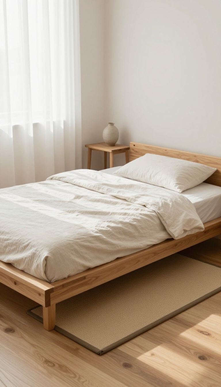 Low wooden platform floor bed with white linen bedding in a bright, minimal Korean-inspired small bedroom
