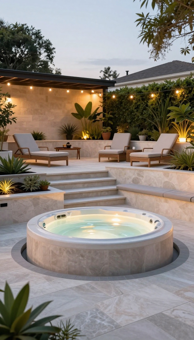 Multi-level backyard patio with a hot tub on the lower tier, wide stone steps, and a low retaining wall with built-in seating